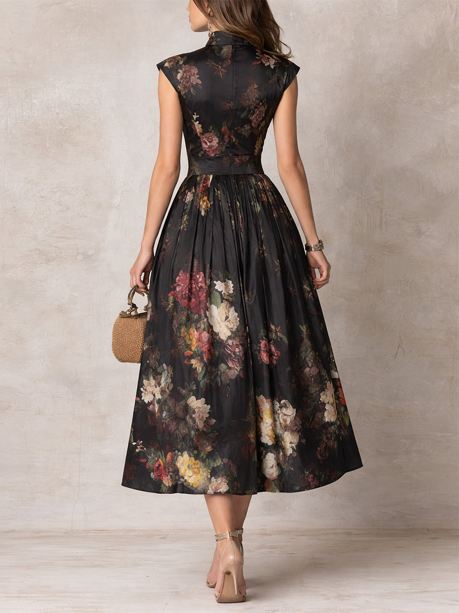 Floral Satin Midi Dress | Women's Keyhole Collar Pleated Dress