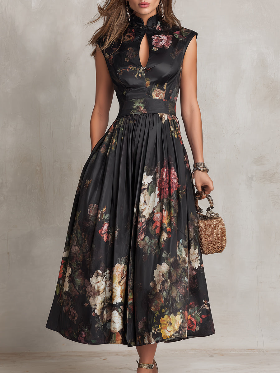 Floral Satin Midi Dress | Women's Keyhole Collar Pleated Dress