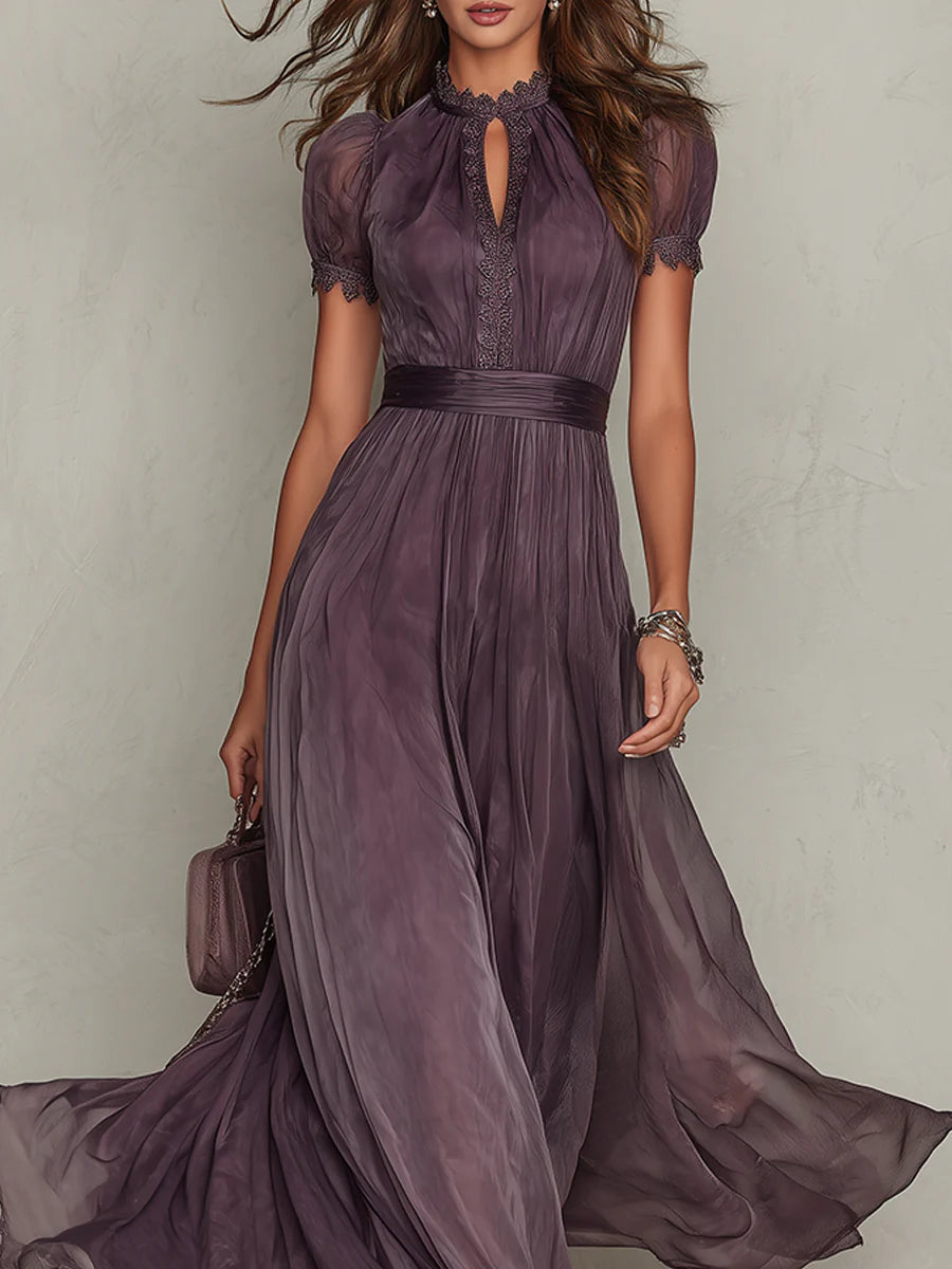 Violet | Keyhole Neckline Chiffon Maxi Dress with Lace Trim