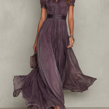 Violet Charm | Women's Keyhole Neckline Chiffon Maxi Dress with Lace Trim