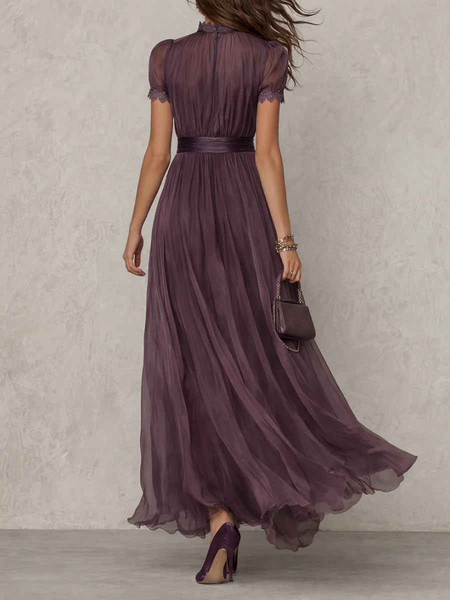 Violet Charm | Women's Keyhole Neckline Chiffon Maxi Dress with Lace Trim