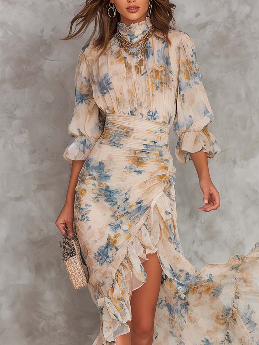 Amara | Turtleneck Floral Print Chiffon Maxi Dress