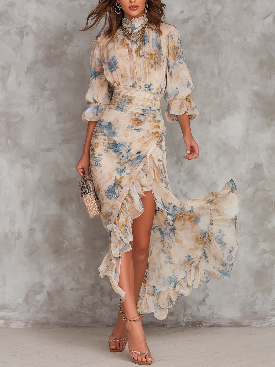 Amara | Turtleneck Floral Print Chiffon Maxi Dress