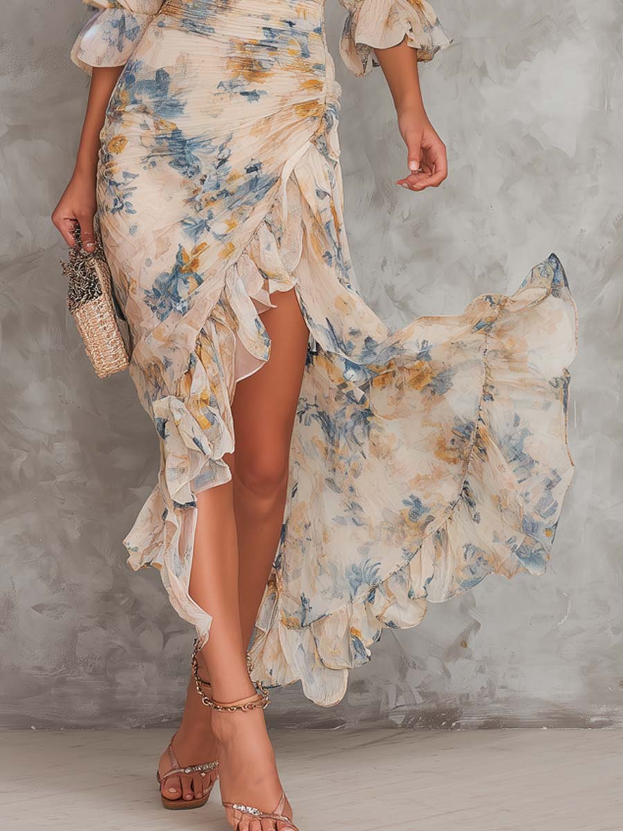 Amara | Turtleneck Floral Print Chiffon Maxi Dress