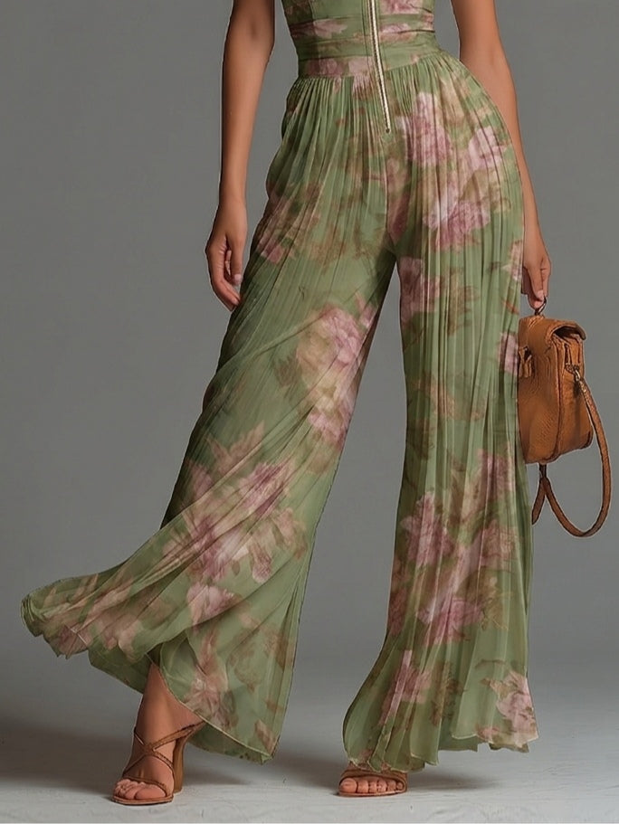 Floral Charm | Women's Sleeveless Wide-leg Chiffon Jumpsuit