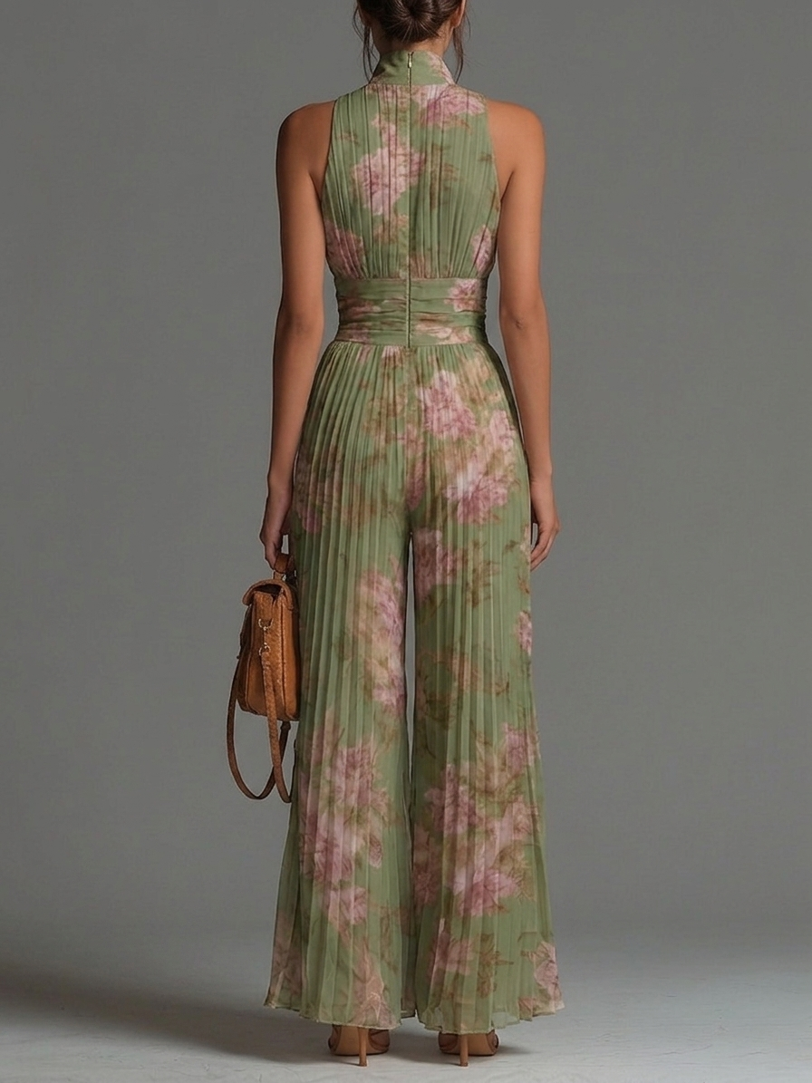 Floral Charm | Women's Sleeveless Wide-leg Chiffon Jumpsuit