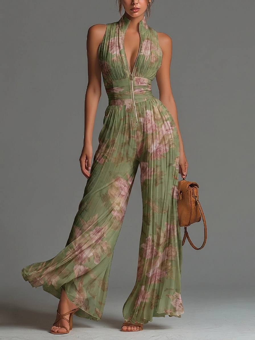 Floral Charm | Women's Sleeveless Wide-leg Chiffon Jumpsuit