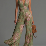 Sage Floral | Women's V-neck Wide-leg Chiffon Jumpsuit