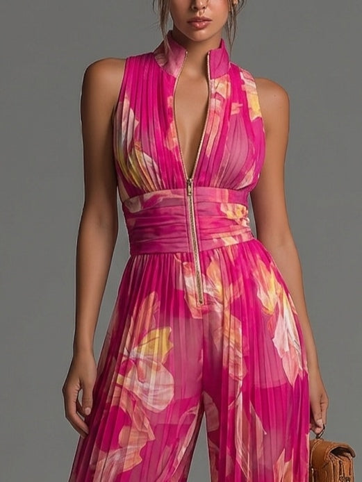 Fuchsia Floral Jumpsuit | Women's Sleeveless Wide-leg Chiffon Jumpsuit
