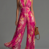 Fuchsia Floral Jumpsuit | Women's Sleeveless Wide-leg Chiffon Jumpsuit
