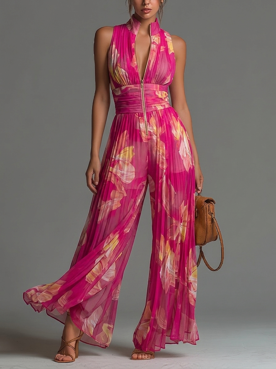 Fuchsia Floral Jumpsuit | Women's Sleeveless Wide-leg Chiffon Jumpsuit