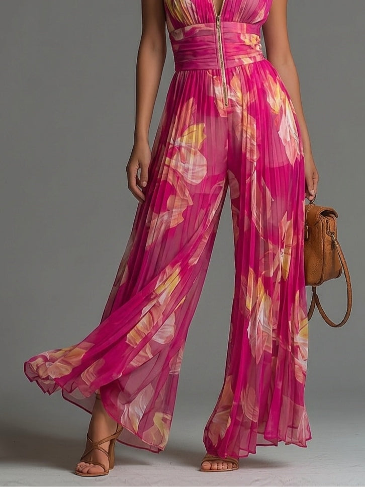 Fuchsia Floral Jumpsuit | Women's Sleeveless Wide-leg Chiffon Jumpsuit