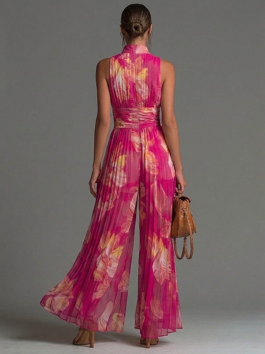 Fuchsia Floral Jumpsuit | Women's Sleeveless Wide-leg Chiffon Jumpsuit