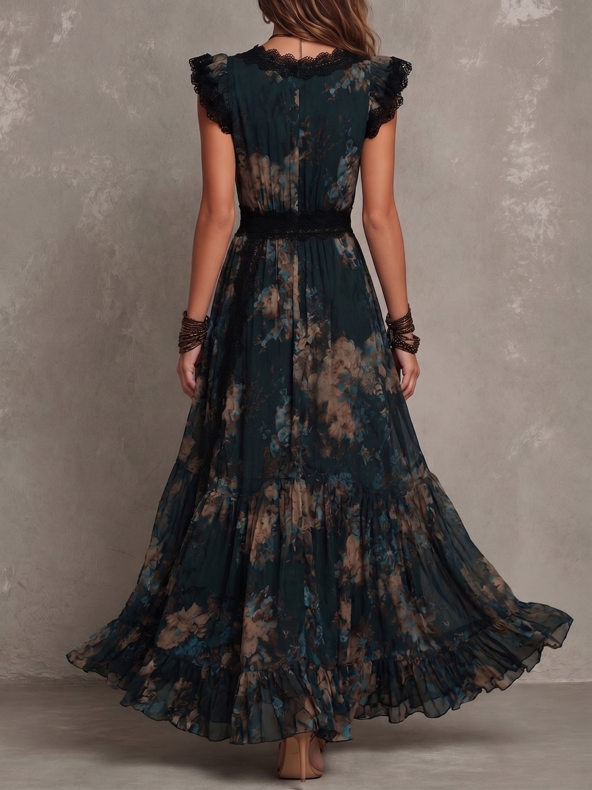 Gillian | Floral Tiered Maxi Dress with Lace Accents