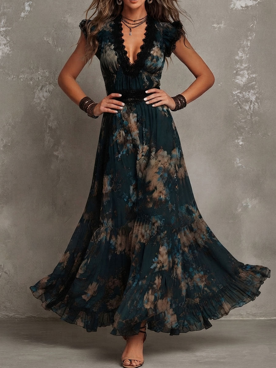 Gillian | Floral Tiered Maxi Dress with Lace Accents
