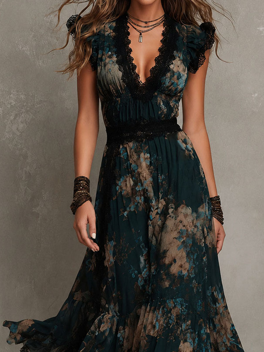 Gillian | Floral Tiered Maxi Dress with Lace Accents
