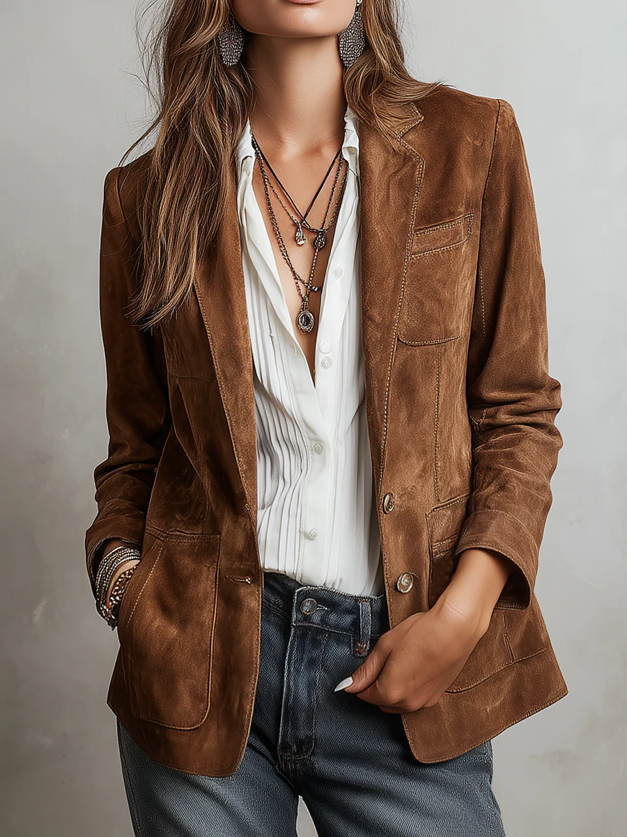 Vintage Brown Blazer | Women's Tailored Contrast-Stitch Jacket