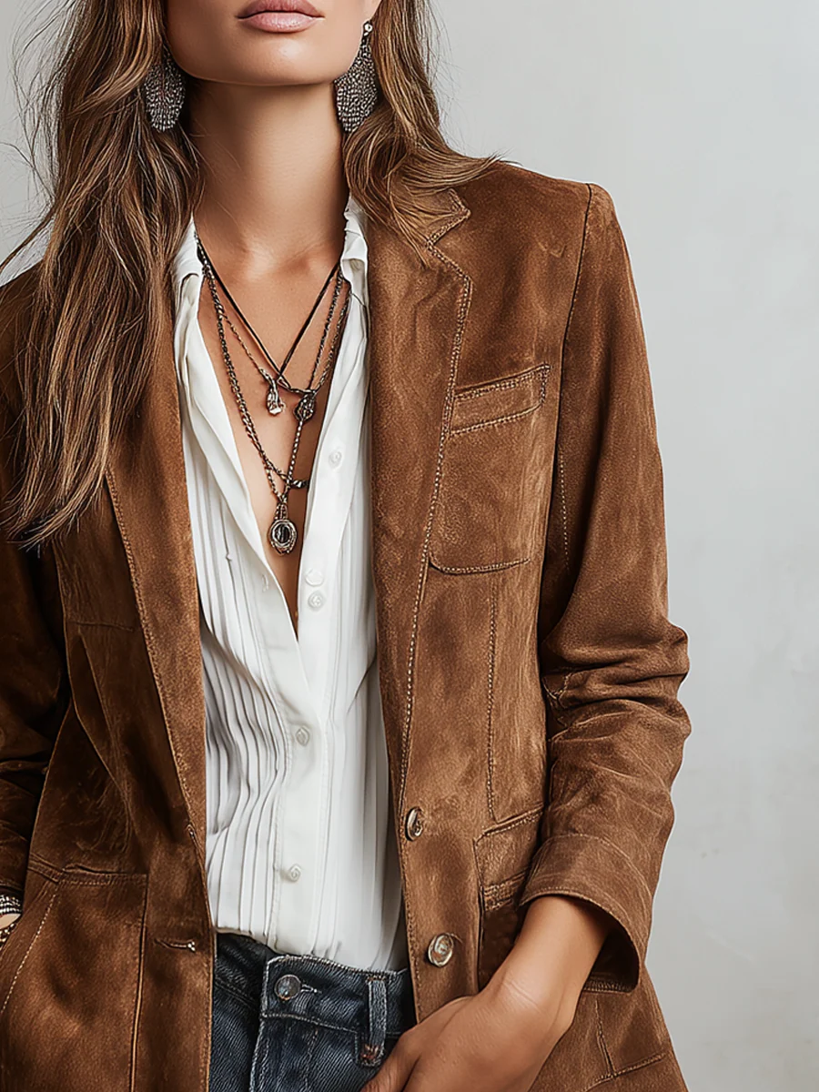 Vintage Brown Blazer | Women's Tailored Contrast-Stitch Jacket