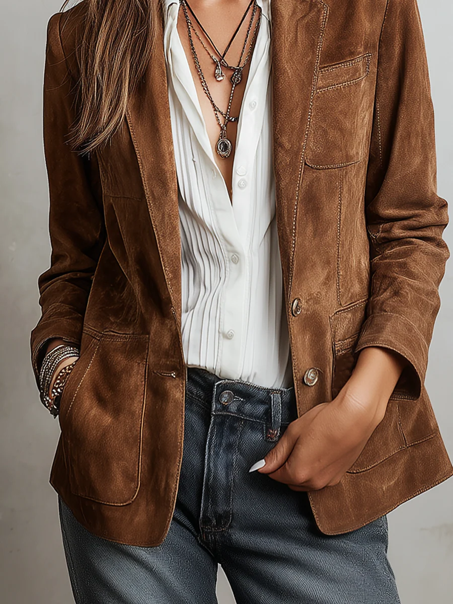 Vintage Brown Blazer | Women's Tailored Contrast-Stitch Jacket