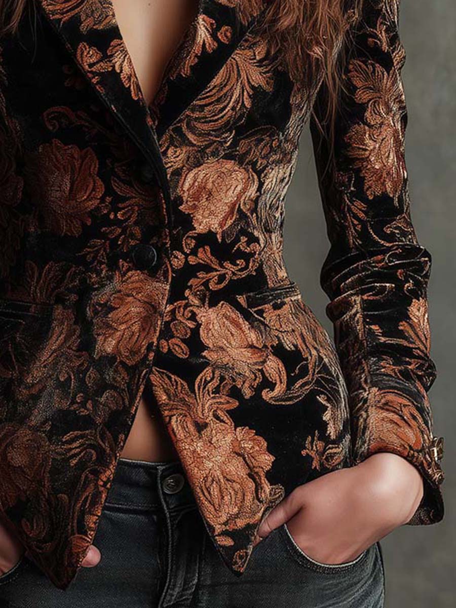 Bronze Bloom | Women's Black and Bronze Floral Tailored Blazer