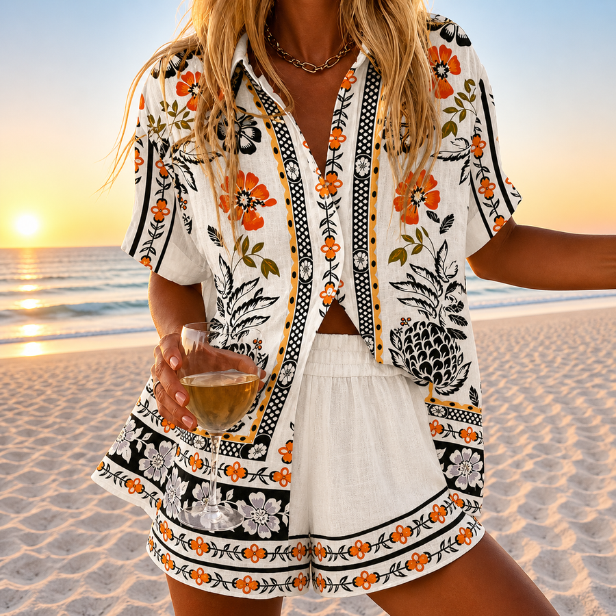 Bijou | Women's Printed Camp-Collar Shirt and Shorts Set