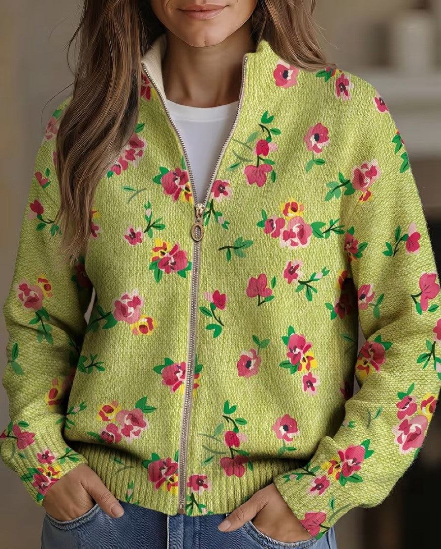 Margot | Pink Floral Zip-Up Bomber Cardigan