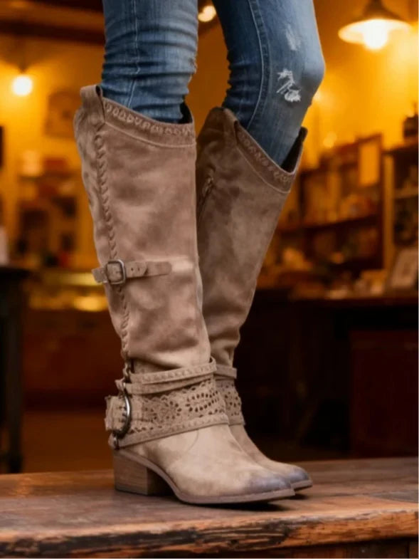 Edith | Women's Knee-High Buckle Strap Boots with Side Zipper