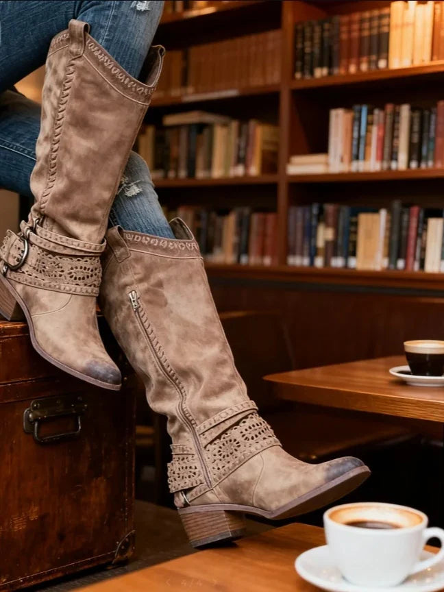 Edith | Women's Knee-High Buckle Strap Boots with Side Zipper
