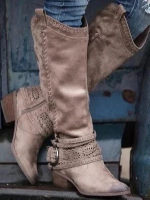 Edith | Women's Knee-High Buckle Strap Boots with Side Zipper