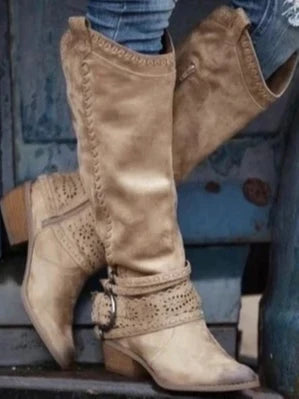 Edith | Women's Knee-High Buckle Strap Boots with Side Zipper