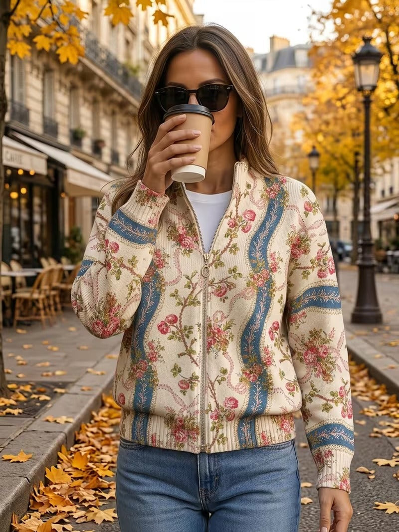 Rosalind | Climbing Rose Ribbon Zip-Up Cardigan