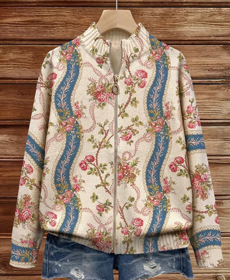 Rosalind | Climbing Rose Ribbon Zip-Up Cardigan