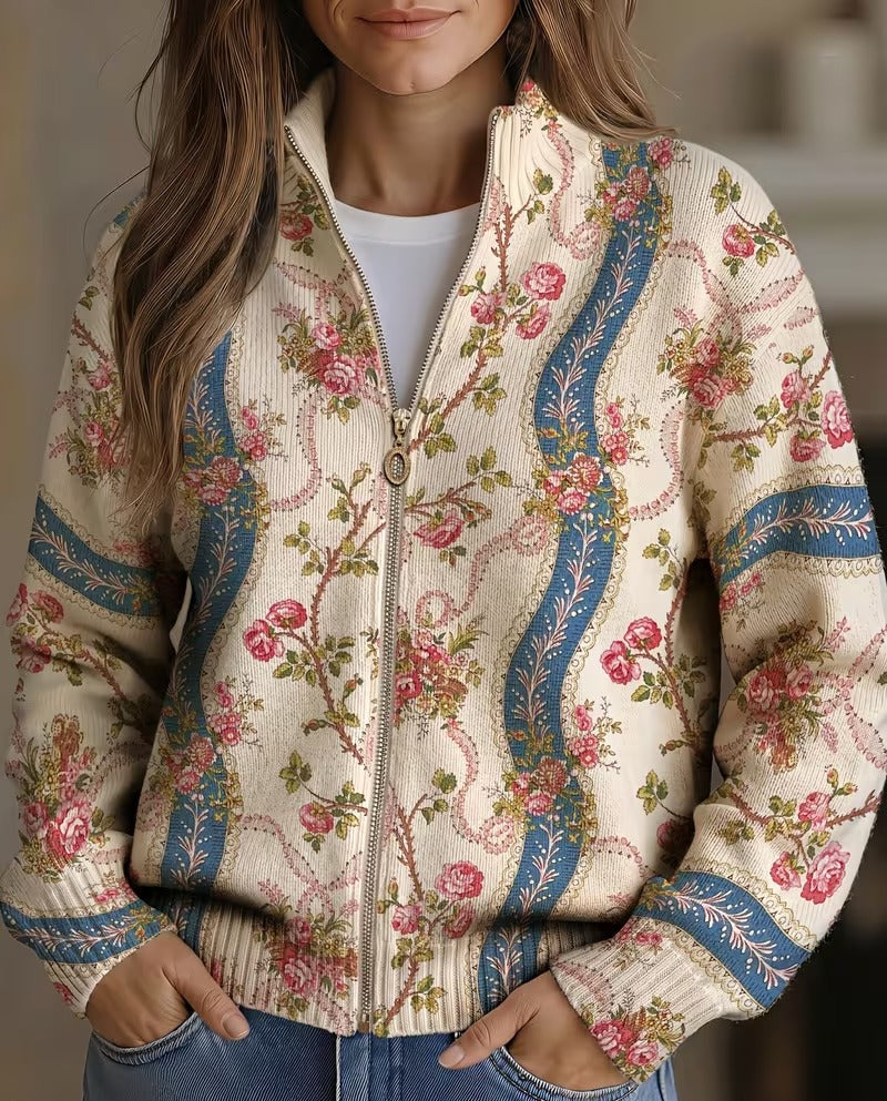 Rosalind | Climbing Rose Ribbon Zip-Up Cardigan