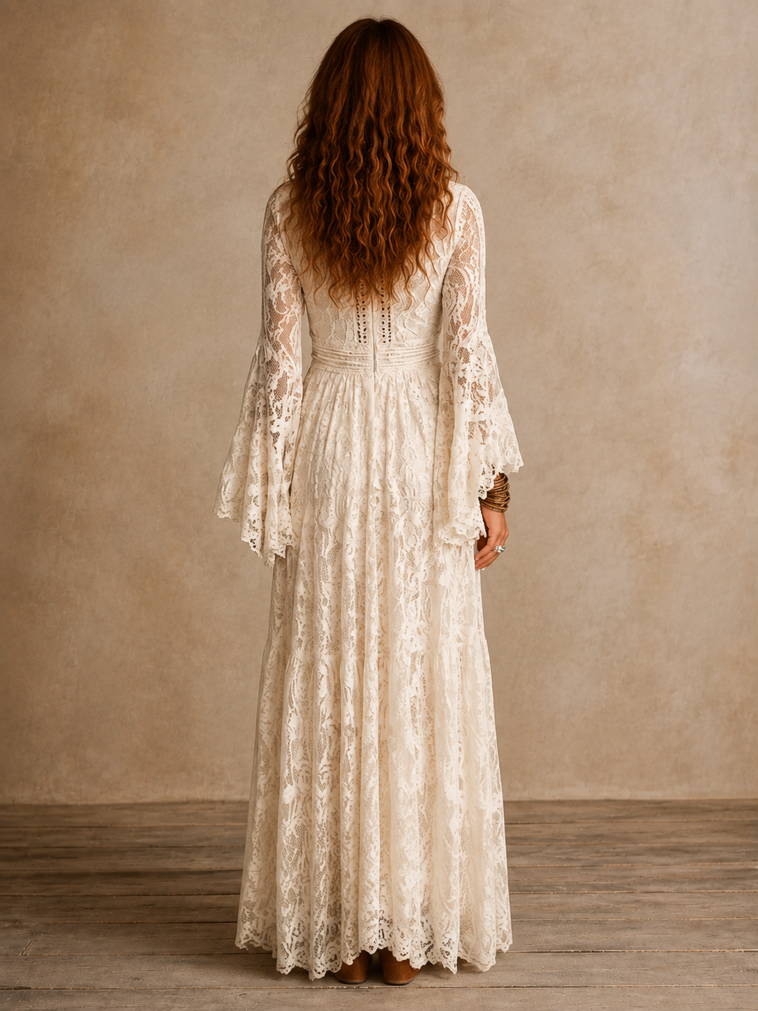 Emily | Vintage Maxi Dress with Flared Sleeves and Deep V-Neckline