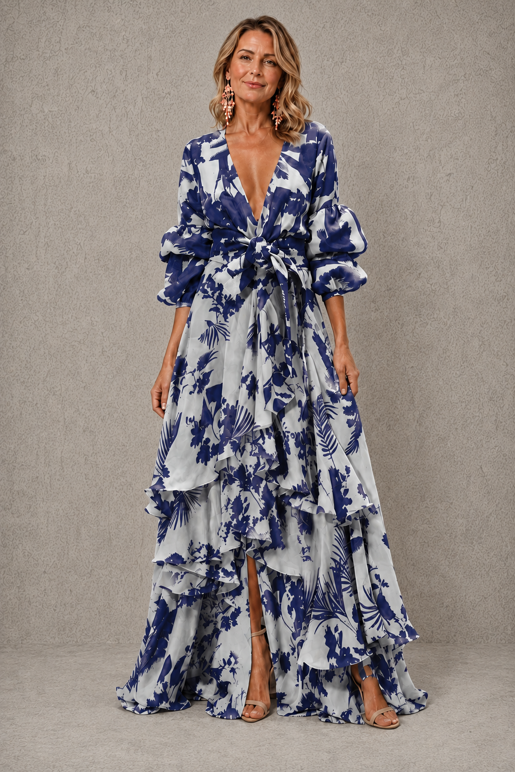Victoria | Tiered Bow Belt Maxi Dress with Puff Sleeves