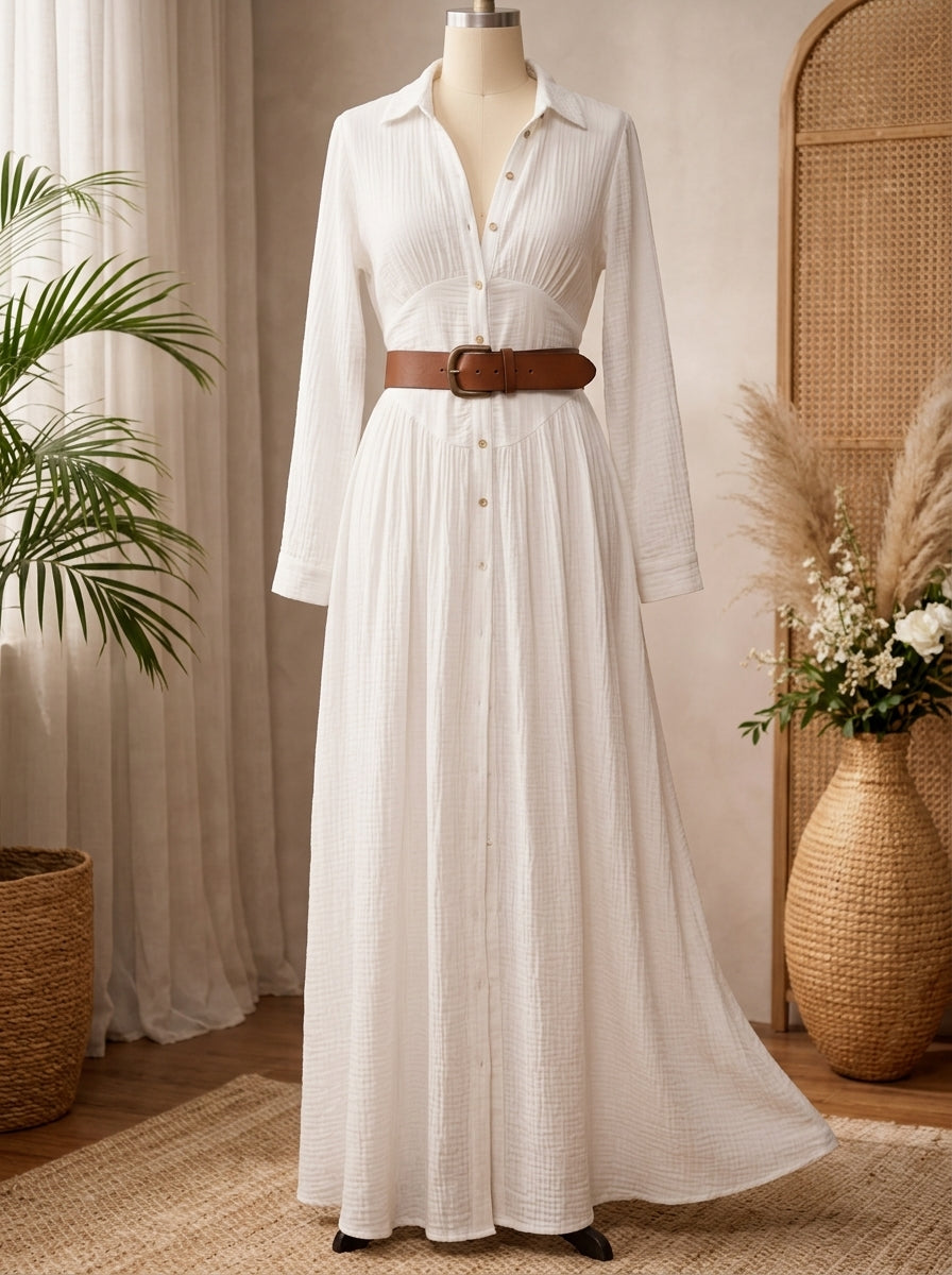 Brittany | Effortless White Boho Shirt Dress for Women in Casual Maxi Style