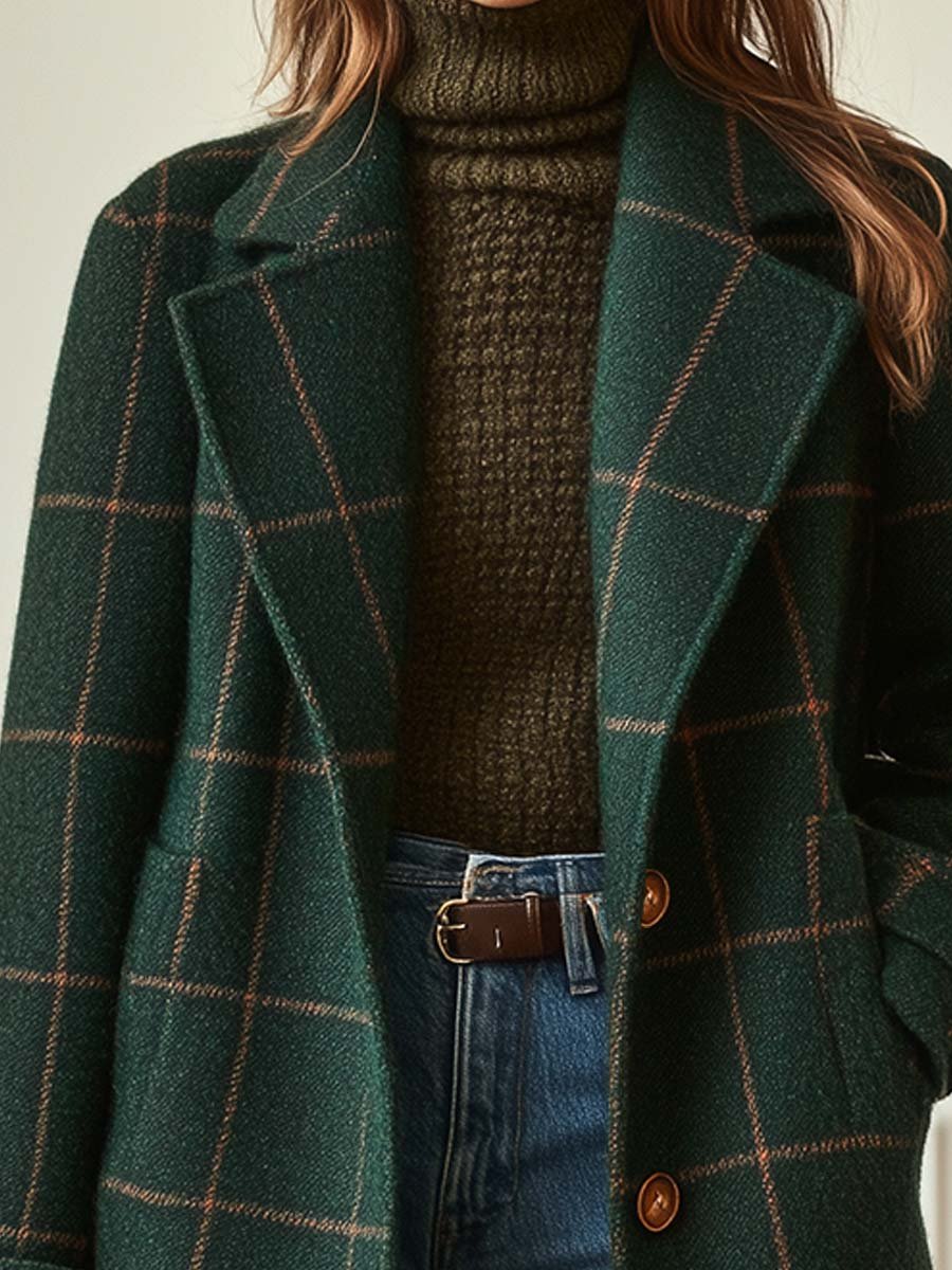 Jennifer | Women's Wool Check Coat with Lapel Collar