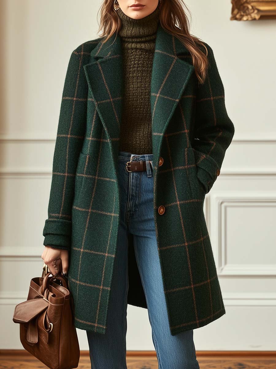Jennifer | Women's Wool Check Coat with Lapel Collar