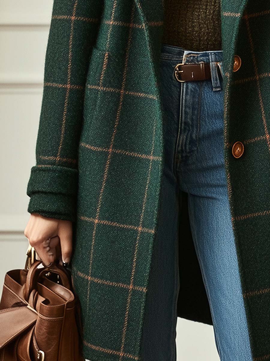 Jennifer | Women's Wool Check Coat with Lapel Collar