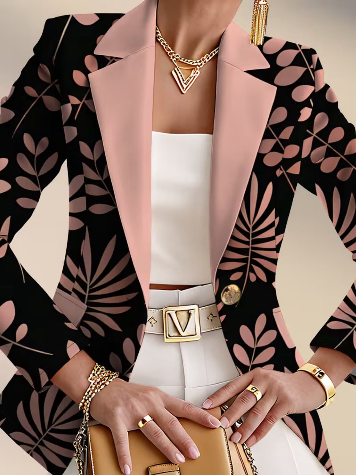 Odaya | Pink Leaf Print Blazer