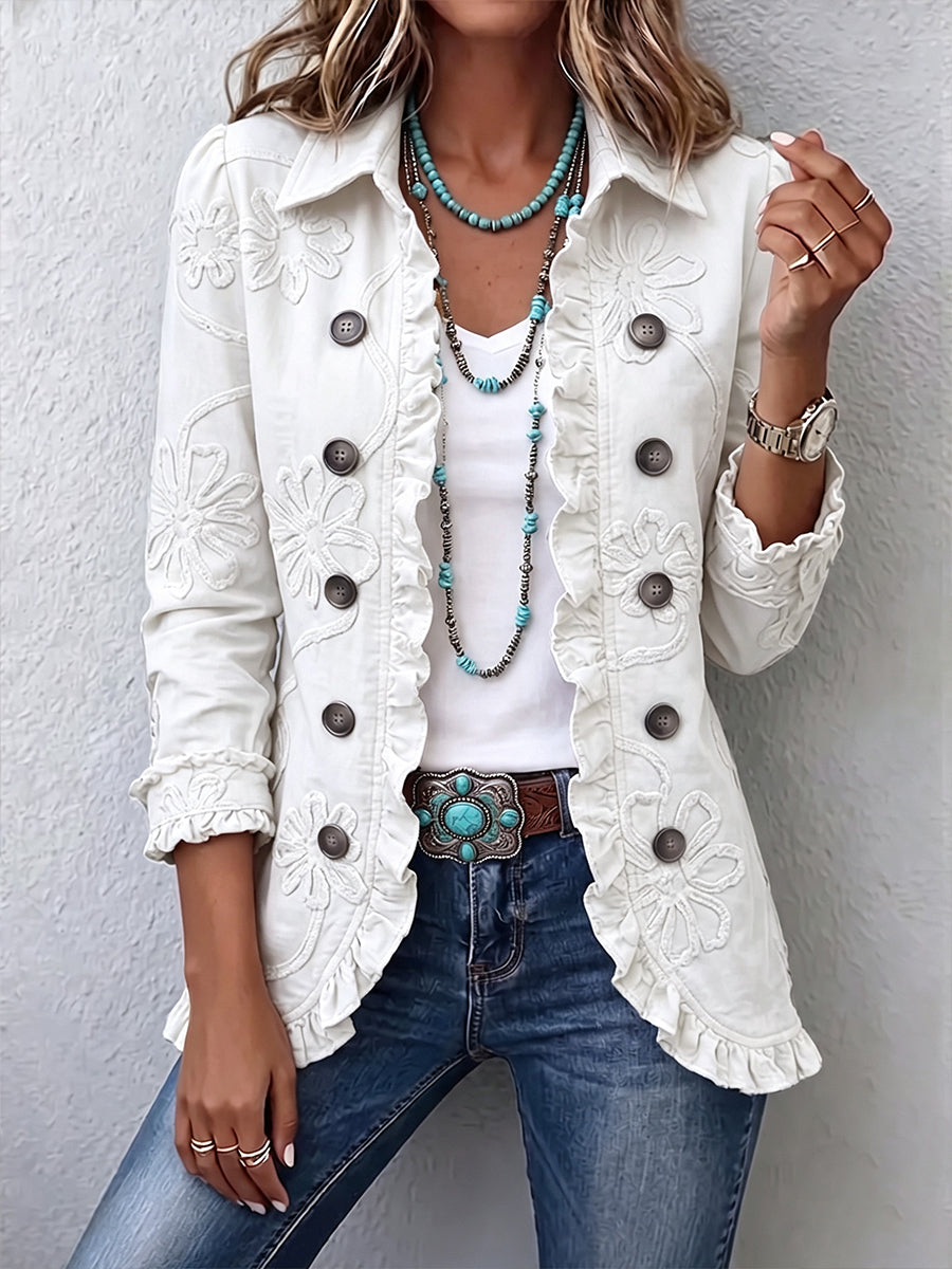 Marisol | Ivory Floral Embroidered Utility Ruffled Trim Jacket