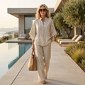 Grace | Women's Linen Kimono-Sleeve Mandarin Collar Top Wide-Leg Pants Set