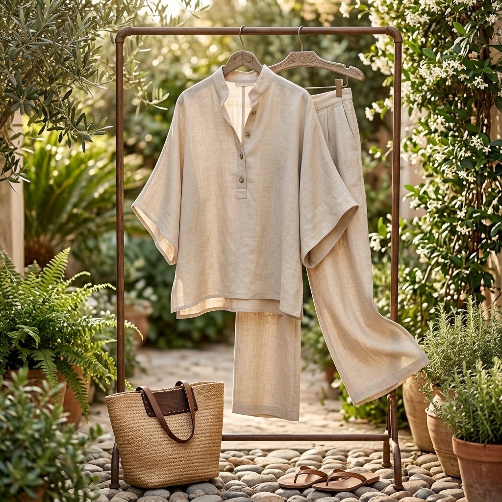 Grace | Women's Linen Kimono-Sleeve Mandarin Collar Top Wide-Leg Pants Set