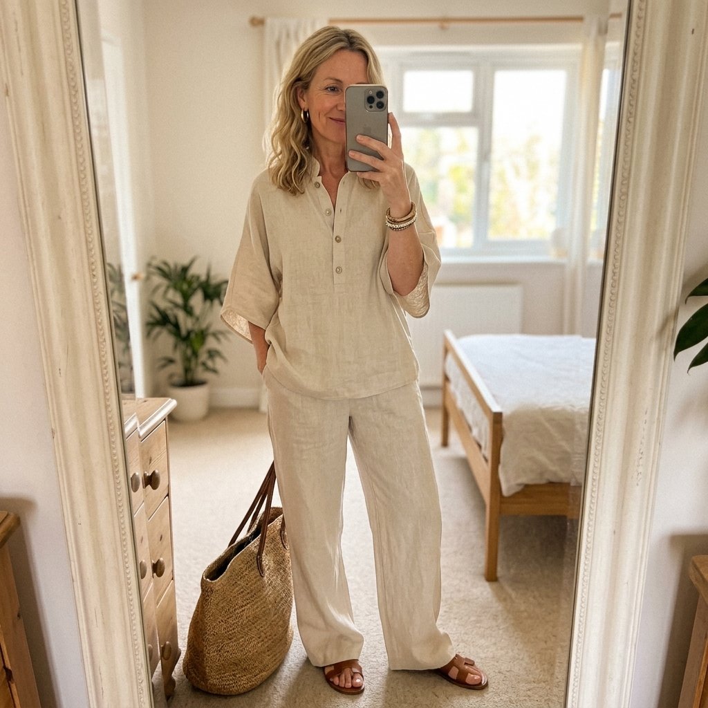 Grace | Women's Linen Kimono-Sleeve Mandarin Collar Top Wide-Leg Pants Set