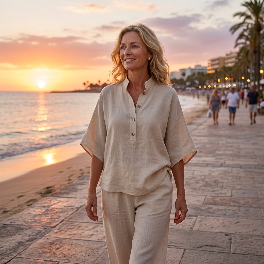 Grace | Women's Linen Kimono-Sleeve Mandarin Collar Top Wide-Leg Pants Set