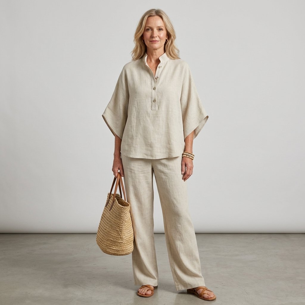 Grace | Women's Linen Kimono-Sleeve Mandarin Collar Top Wide-Leg Pants Set