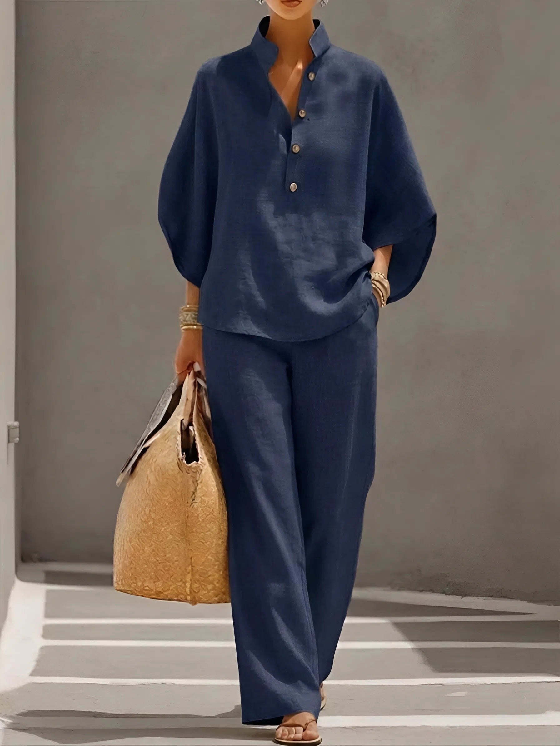 Grace | Women's Linen Kimono-Sleeve Mandarin Collar Top Wide-Leg Pants Set
