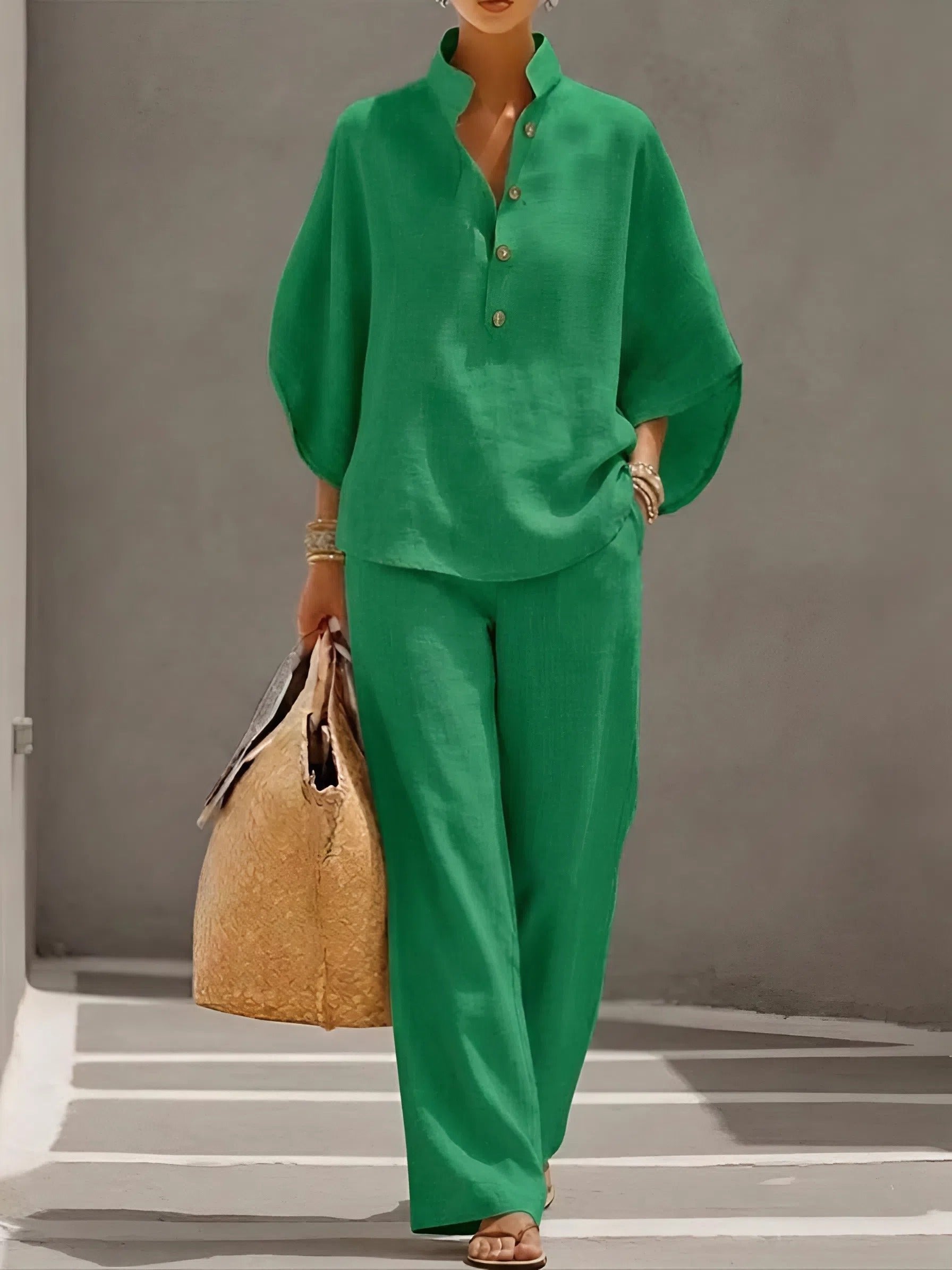 Grace | Women's Linen Kimono-Sleeve Mandarin Collar Top Wide-Leg Pants Set