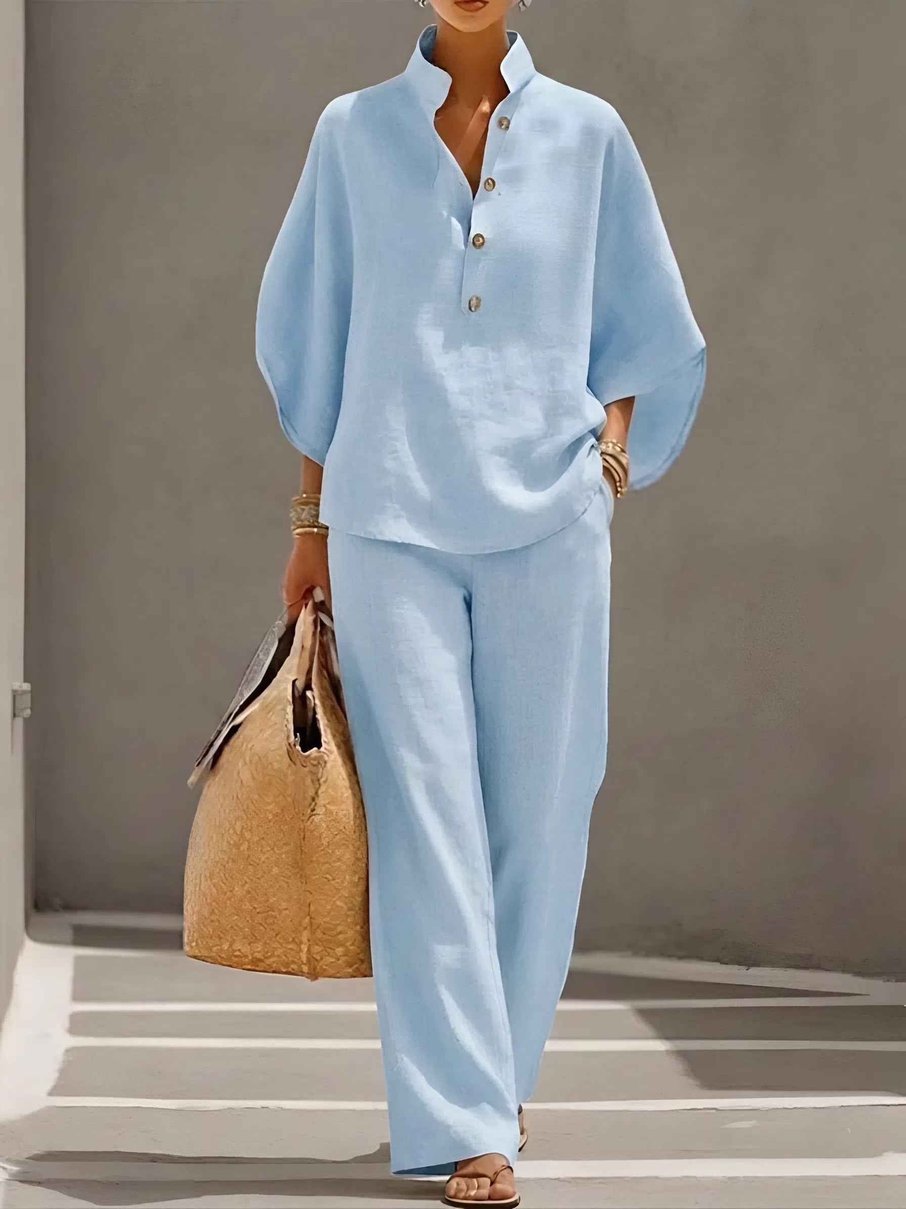 Grace | Women's Linen Kimono-Sleeve Mandarin Collar Top Wide-Leg Pants Set
