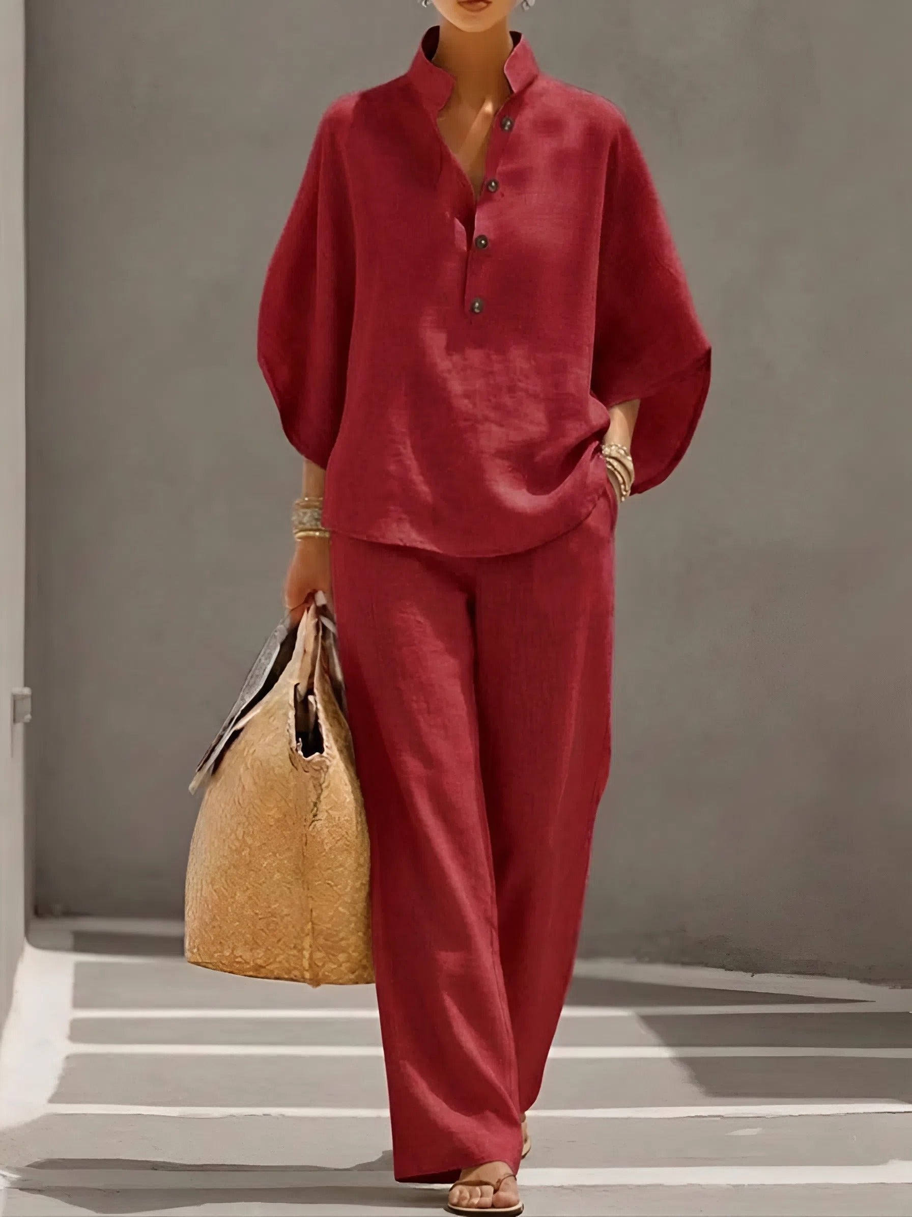 Grace | Women's Linen Kimono-Sleeve Mandarin Collar Top Wide-Leg Pants Set